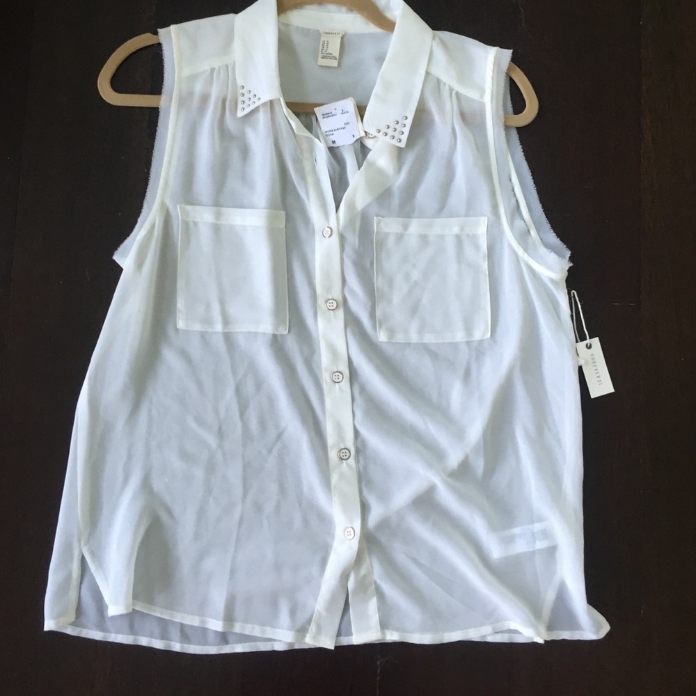 Forever 21 White Sheer Studded Collar Sleeveless Button Up Blouse NWT Size M